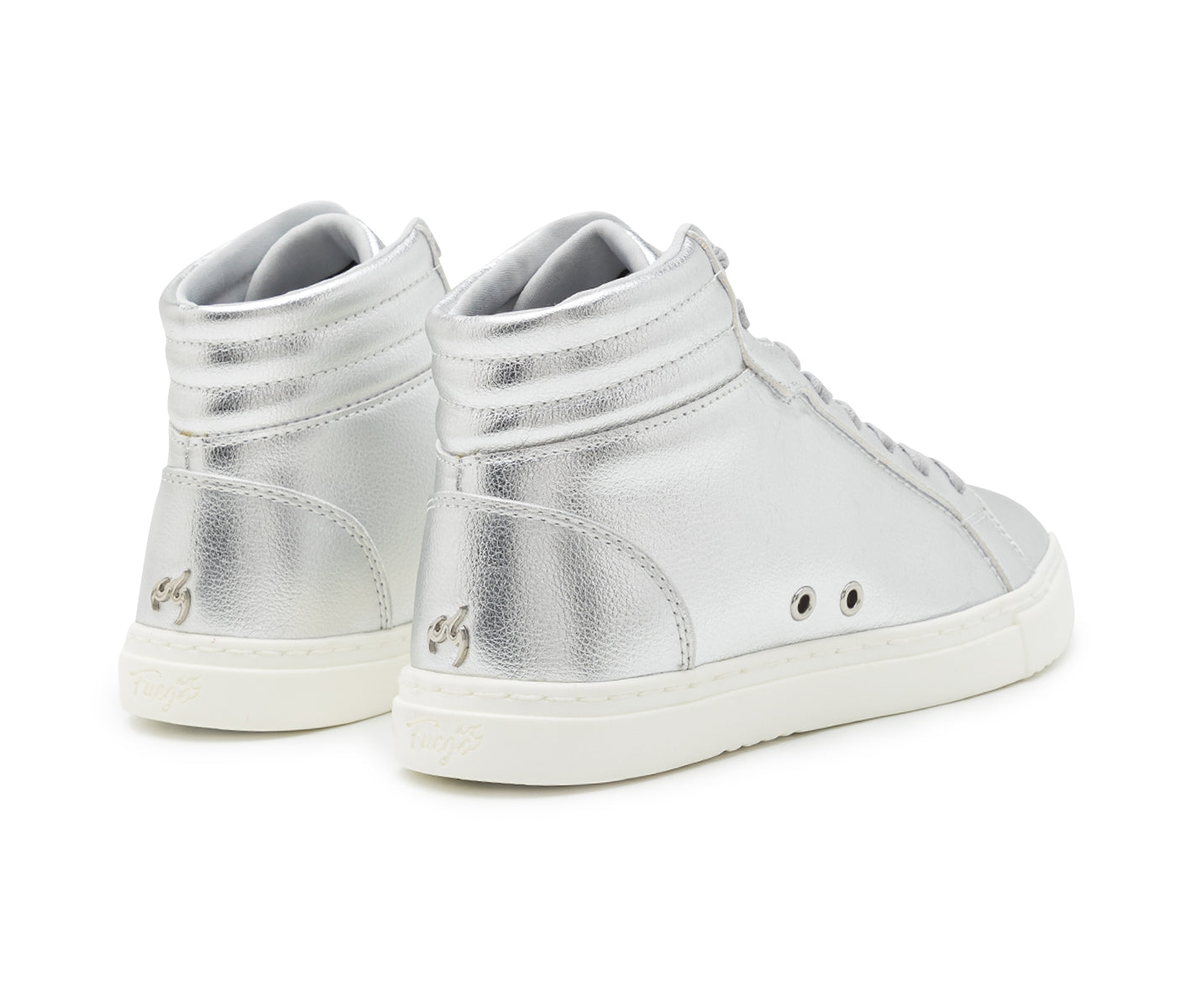 Fuego High-Top Dance Sneakers in Silber mit weißen Sohlen, Rück- und Seitenansicht, auf schlichtem Hintergrund.